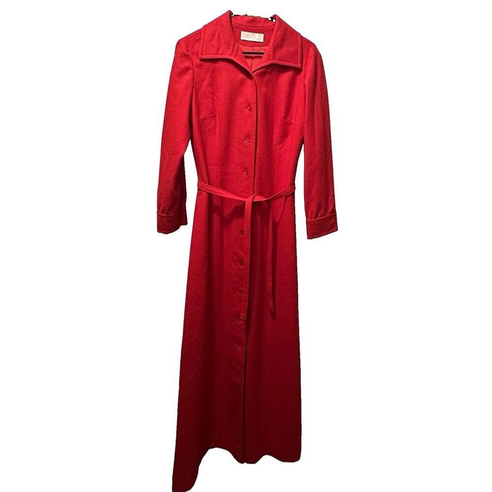 Vintage 70’s Pendleton Wool Coat Womens 14 Red Long 100% Virgin Wool USA Belted